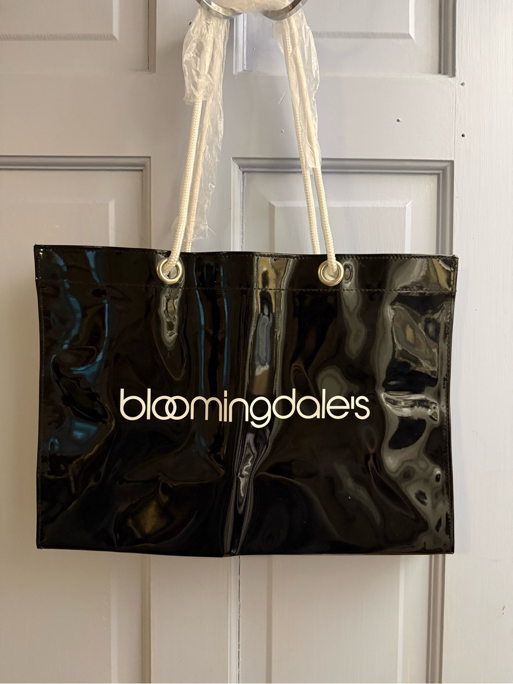 Bloomingdale's Black Patent Tote with White Rope Handles